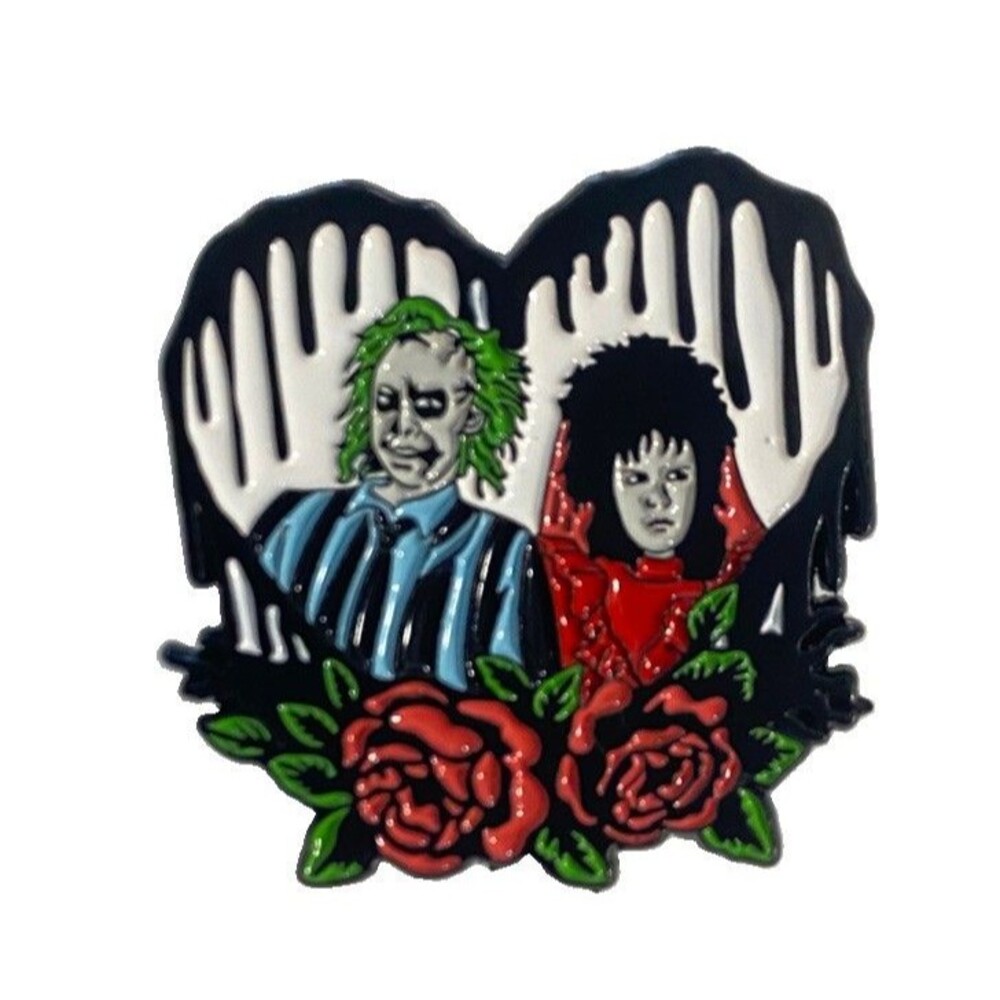 Beetlejuice & Lydia Enamel Lapel Pin Gothic Love Red Roses Heart Halloween Gift